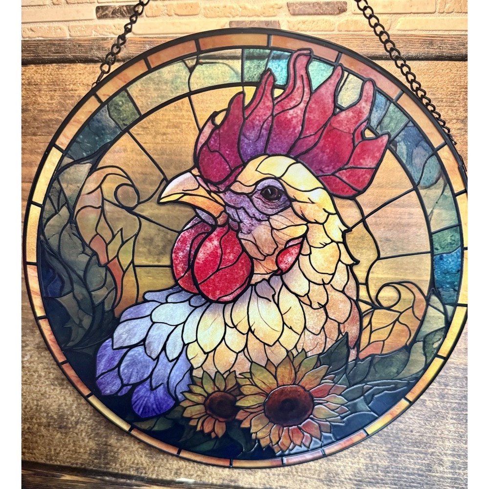 Vtg Cottage Core Rooster Chicken Stained Glass Suncatcher Farmhouse Sunflowers